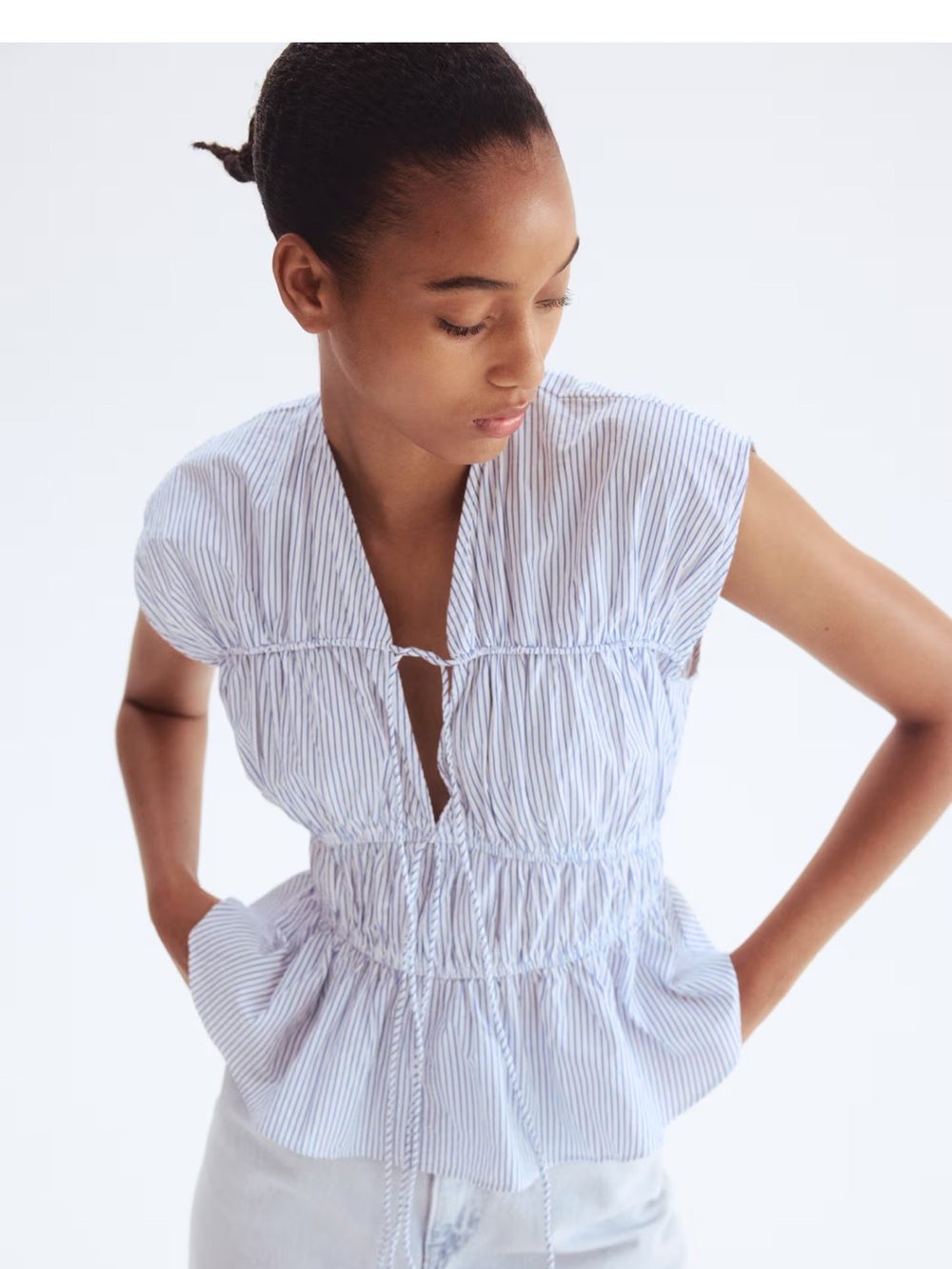 H&M Blue and White Striped Tie-Front Blouse